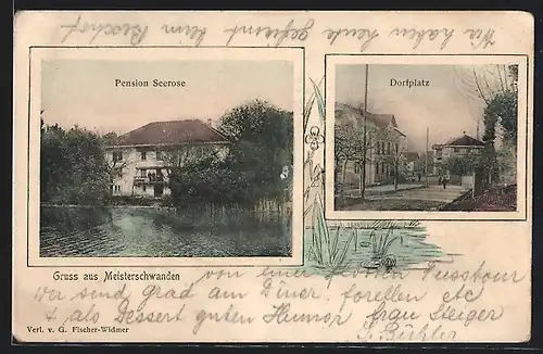 Passepartout-AK Meisterschwanden, Pension Seerose, Dorfplatz-Partie