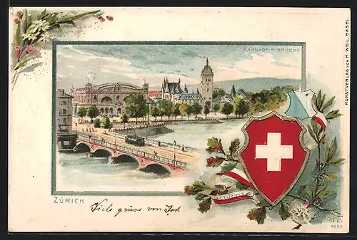 Passepartout-Lithographie Zürich, Bahnhof mit Brücke, Schweizer Wappen
