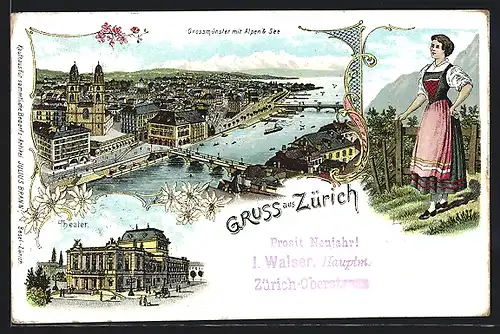 Lithographie Zürich, Grossmünster mit Alpen & See, Theater, Alpenländerin in Tracht