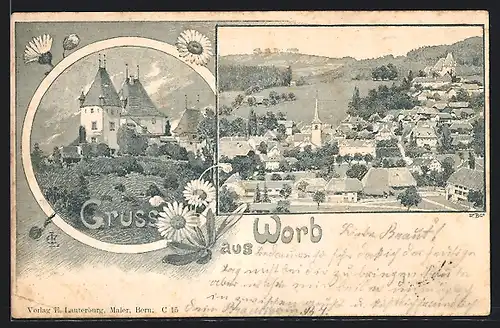 Künstler-AK Worb, Gebäude mit Turm, Ortsansicht aus der Vogelschau