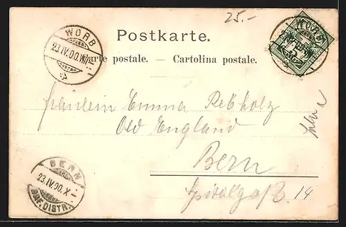 Künstler-AK Worb, Gebäude mit Turm, Ortsansicht aus der Vogelschau