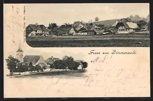 AK Zimmerwald, Ortspartie mit Kirche, Ortspanorama