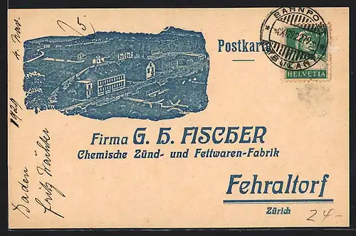 AK Fehraltorf, Zünd- und Fettwarenfabrik G. H. Fischer aus der Vogelschau, Bestellkarte