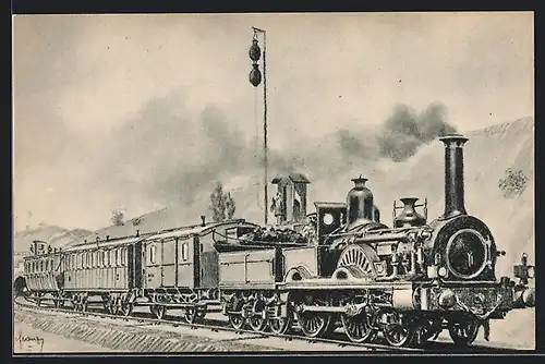 Künstler-AK Eisenbahn-Tschechien, Rychlik Kolem Roku 1860, Personenzug mit Dampflok