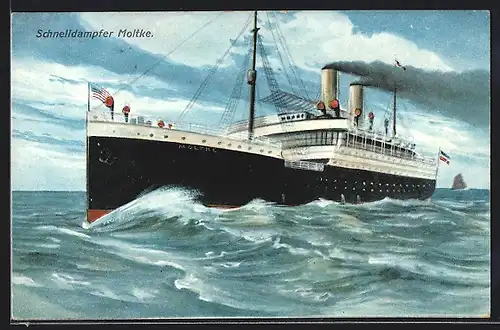 Künstler-AK Schnelldampfer Moltke bei stürmischer See in der Bugansicht