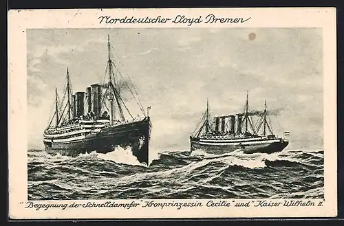AK Passagierschiff Kronprinzessin Cecilie und Passagierschiff Kaiser Wilhelm II. begegnen sich auf hoher See