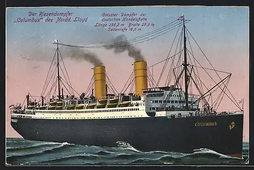 AK Nordd. Lloyd Passagierschiff Columbus auf See