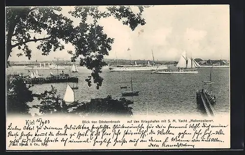 AK Kiel, Blick von Düsternbrook auf den Kriegshafen mit S. M. Yacht Hohenzollern