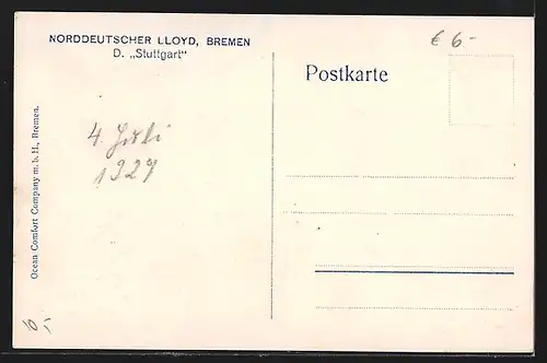 AK Dampfer Stuttgart des Norddeutschen Lloyd
