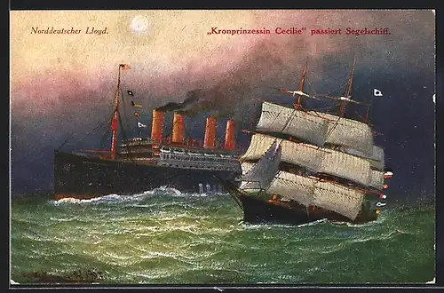 AK Passagierschiff Kronprinzessin Cecilie des Norddeutschen Lloyd passiert ein Segelschiff