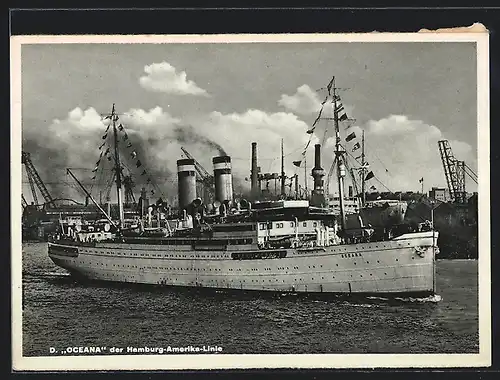 AK Dampfer Oceana der H.-A.-Linie in Flaggengala den Hafen verlassend