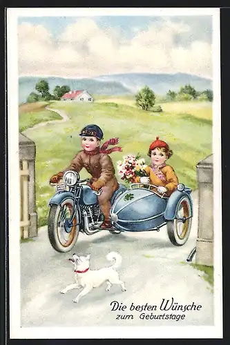 Künstler-AK Kinder in einem Seitenwagen-Motorrad