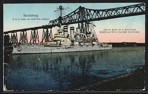 AK Rendsburg, SMS Hessen passiert die Hochbrücke