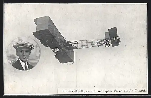AK Bielovuccie en vol, sur biplan Voisin, Doppeldecker-Flugzeug