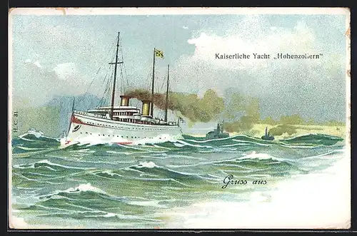 Lithographie Kaiserliche Yacht Hohenzollern auf See
