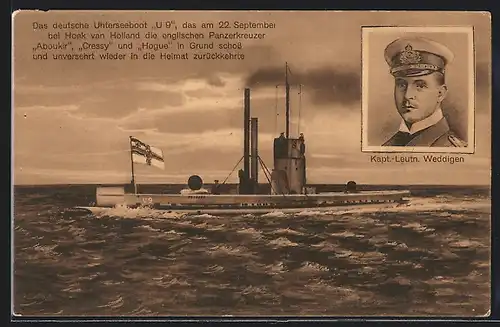 AK Das deutsche Unterseeboot U 9, Kapt.-Leutn. Weddigen