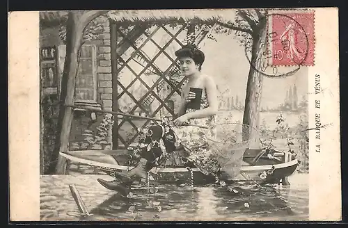 AK La Barque de Vénus, Frau mit Kescher im Boot, Fischerei