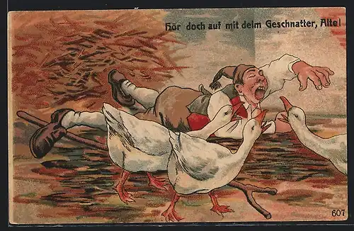 AK Mann auf dem Boden mit Gänsen, frauenfeindlicher Humor