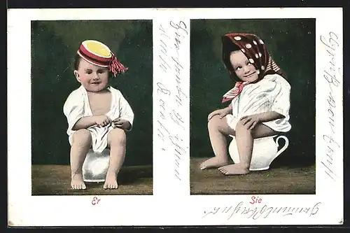 AK Kleinkinder mit Hut und mit Kopftuch auf dem Nachttopf, Toilettenhumor