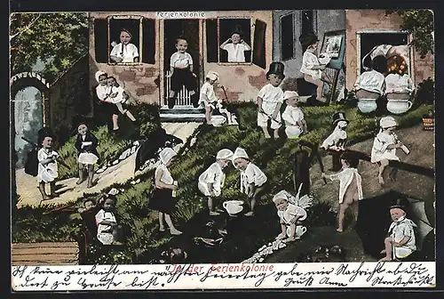 AK In der Ferienkolonie, Kinder sitzen fast ausschliesslich auf Töpfen