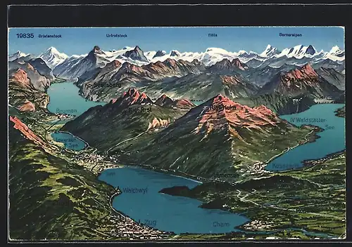 AK Zug, Ortsansicht mit Rigi-Kulm und Seen aus der Vogelschau