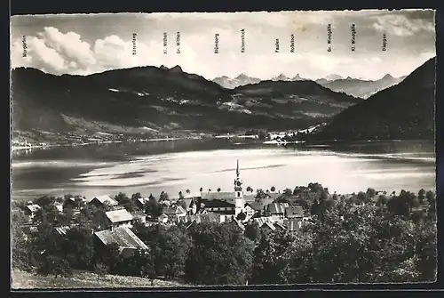 AK Oberägeri, Teilansicht mit See- und Bergblick aus der Vogelschau