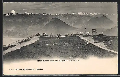 AK Rigi-Kulm, Ortsansicht mit Besuchern vor Alpenpanorama