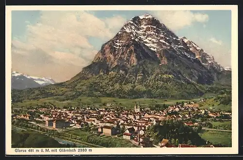AK Glarus, Gesamtansicht mit Glärnisch aus der Vogelschau
