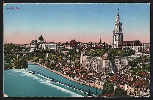 AK Bern, Teilansicht mit Brücke aus der Vogelschau