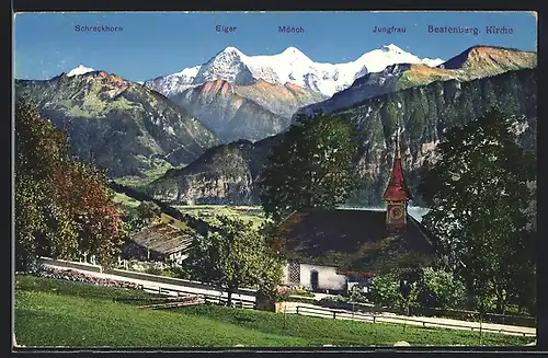 AK Beatenberg, Kirche mit Eiger, Mönch und Jungfrau
