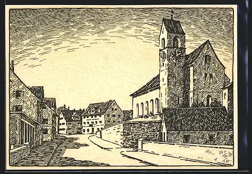 Künstler-AK Rüti /Zch., Strassenpartie mit Kirche