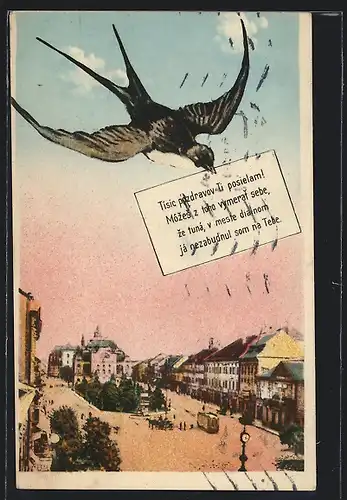 AK Kosice, Ortsansicht mit Strassenbahn