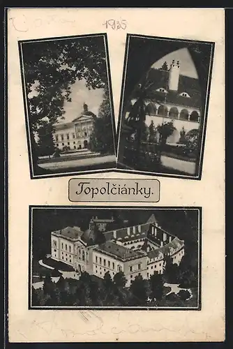 Passepartout-AK Topolciánky, Schloss in drei Ansichten