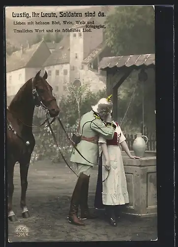 Foto-AK R & K / L Nr. 5708/4: Soldat küsst seine Liebste am Brunnen