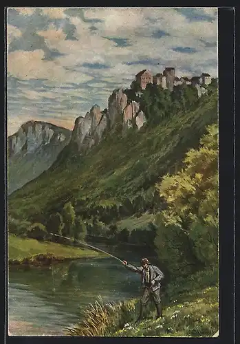 Künstler-AK Angler in der Schwäbischen Alb mit Schloss Wildenstein
