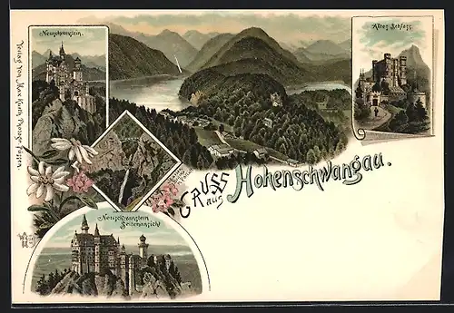 Lithographie Hohenschwangau, Ortsansicht, Altes Schloss, Schloss Neuschwanstein, Marienbrücke