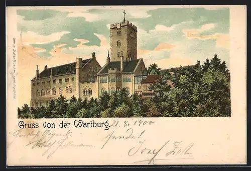 Lithographie Blick auf die Wartburg