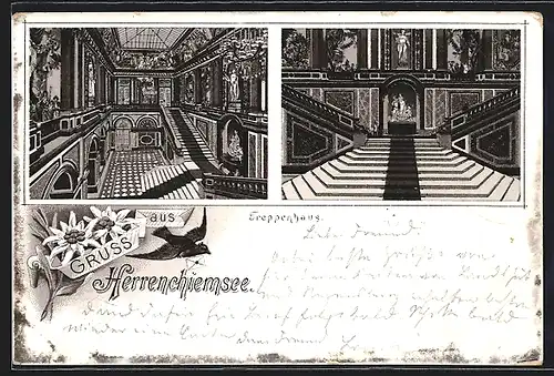 Lithographie Herrenchiemsee, Schloss, Treppenhaus, Innenansicht, Edelweiss, Vogel