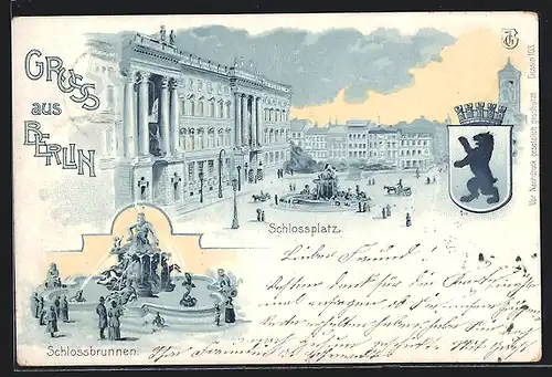 Lithographie Berlin, Schlossplatz, Schlossbrunnen