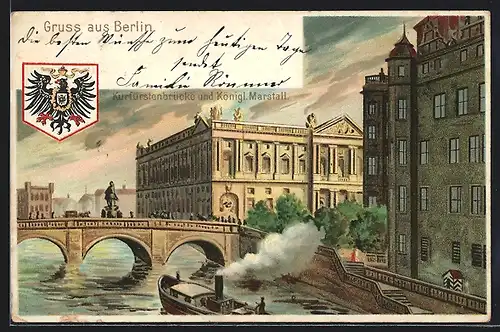Lithographie Berlin, Kurfürstenbrücke und Königl. Marstall, Wappen