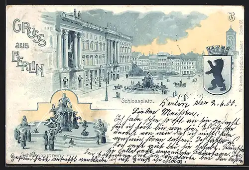 Lithographie Berlin, Königl. Schloss am Schlossplatz, Schlossbrunnen