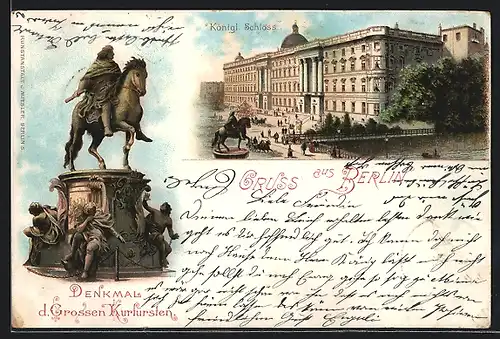 Lithographie Berlin, Kgl. Schloss u. Neuer Dom, Denkmal d. Grossen Kurfürsten