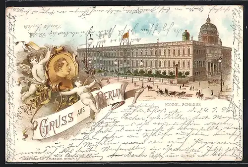 Lithographie Berlin, Königliches Schloss, Engel, Kaiser Wilhelm II.