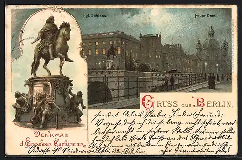 Lithographie Berlin, Denkmal des Grossen Kurfürsten, Kgl. Schloss und Neuer Dom