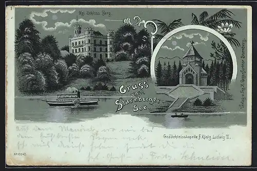 Lithographie Starnberg, Starnberger See, Kgl. Schloss Berg mit Dampfer
