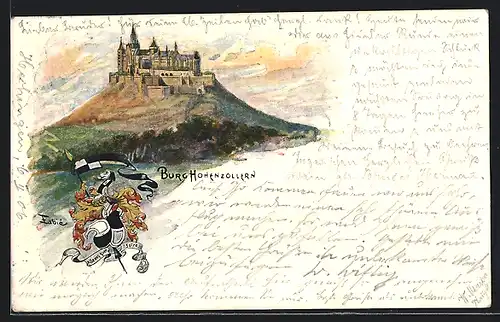 Lithographie Blick auf Burg Hohenzollern