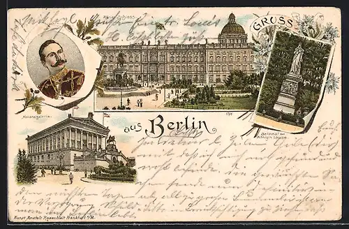 Lithographie Berlin, Blick auf Kgl. Schloss, Nationalgallerie, Denkmal der Königin Louise