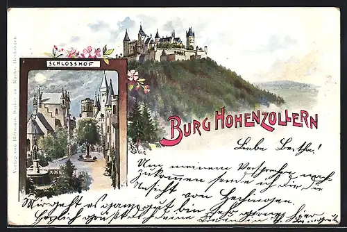 Lithographie Burg Hohenzollern mit Schlosshof