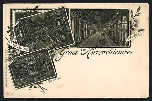 Lithographie Innenansicht vom Schloss Herrenchiemsee, Treppenhaus, Grosse Gallerie, Prunkzimmer