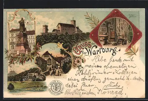 Lithographie Eisenach, Die Wartburg mit verschiedenen Ansichten